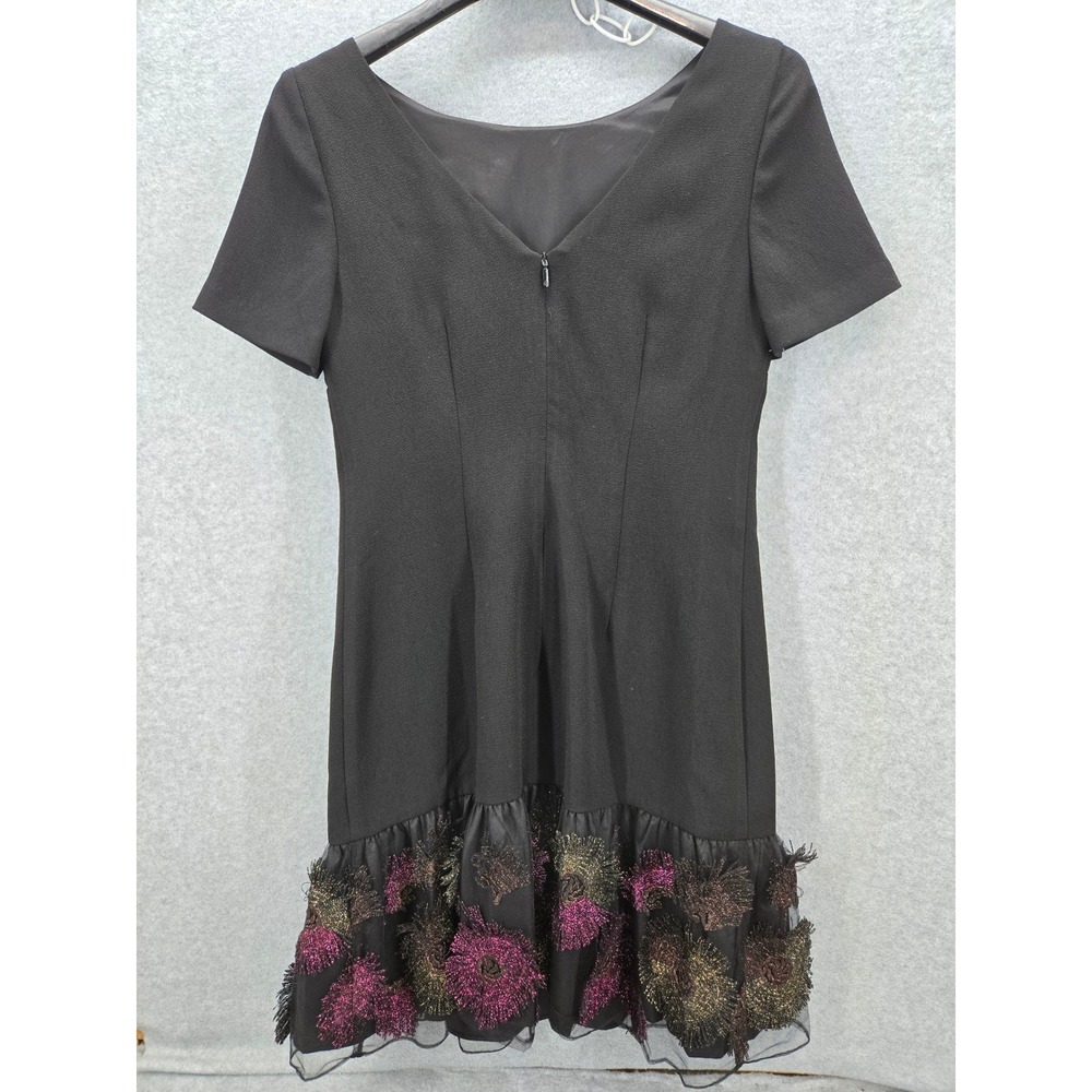 Trina Turk Black Metallic Floral Ruffle Hem Cocktail Dress Short Sleeve 2 LBD - Picture 5 of 10